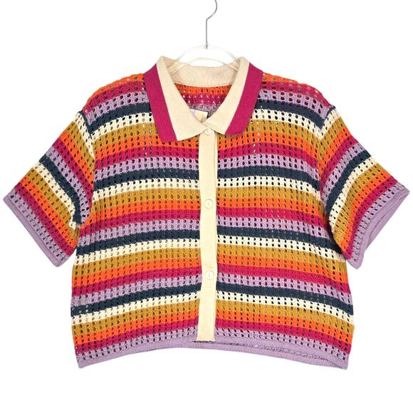 Maaji Paradiso Knit Crochet Button Shirt Collared Multi Color Stripe  M NEW - Picture 1 of 10